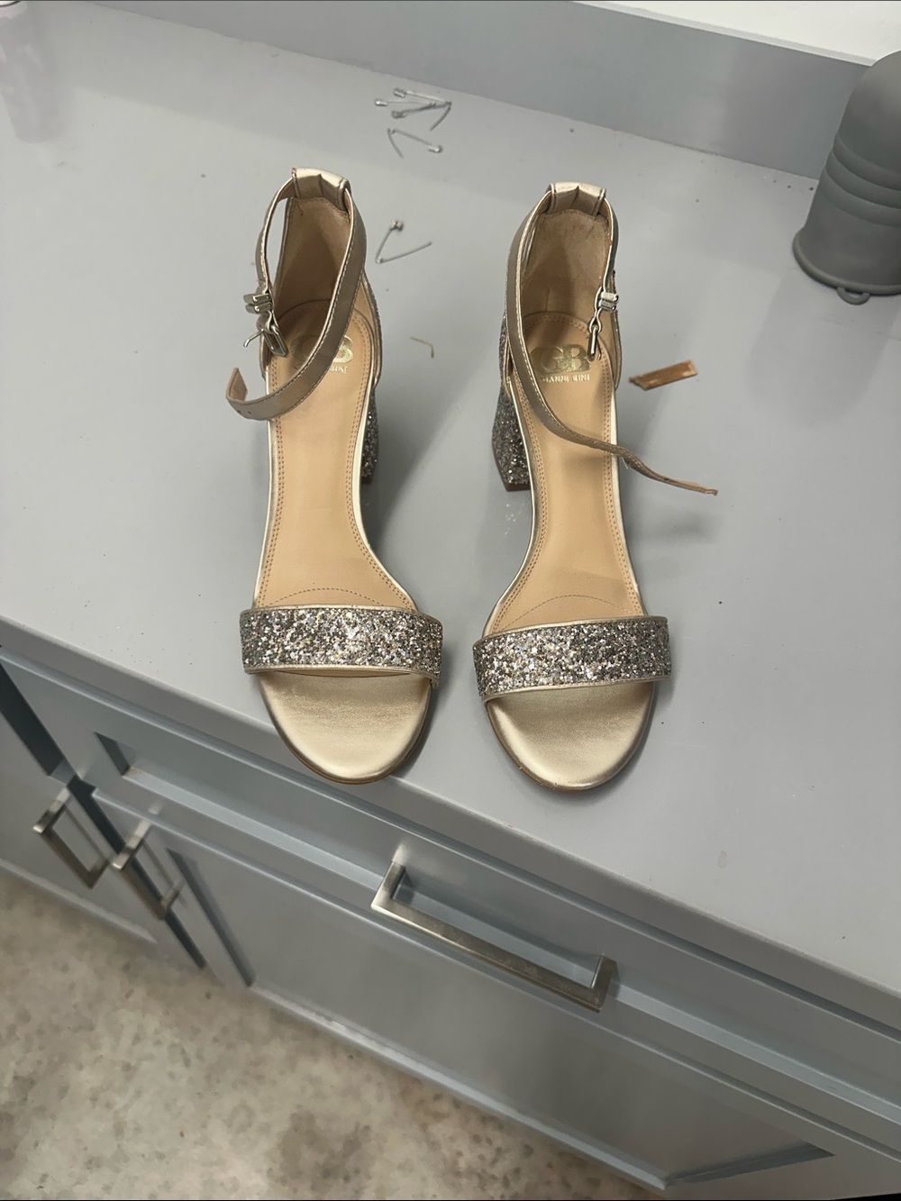 Gianni Bini Gold Glitter Block Heel Sandals